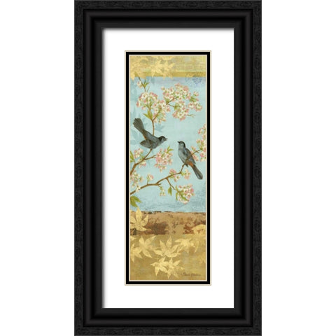 Catbirds and Blooms Panel Black Ornate Wood Framed Art Print with Double Matting by Gladding, Pamela