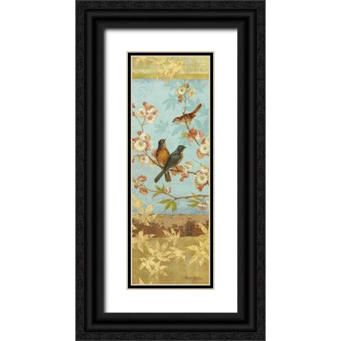 Robins and Blooms Panel Black Ornate Wood Framed Art Print with Double Matting by Gladding, Pamela