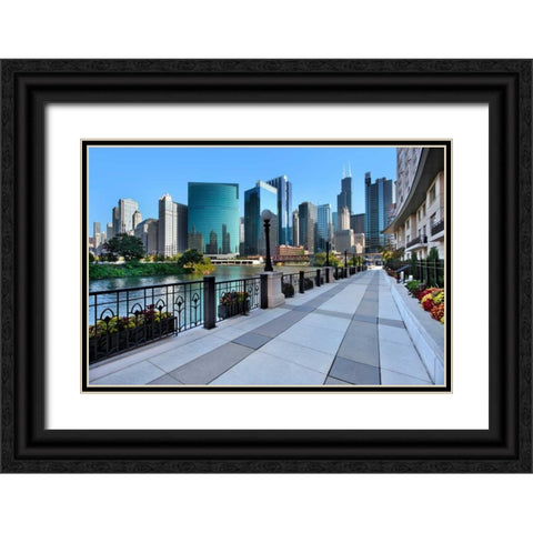 Sidewalk Skyline River Black Ornate Wood Framed Art Print with Double Matting by Malvin, Larry