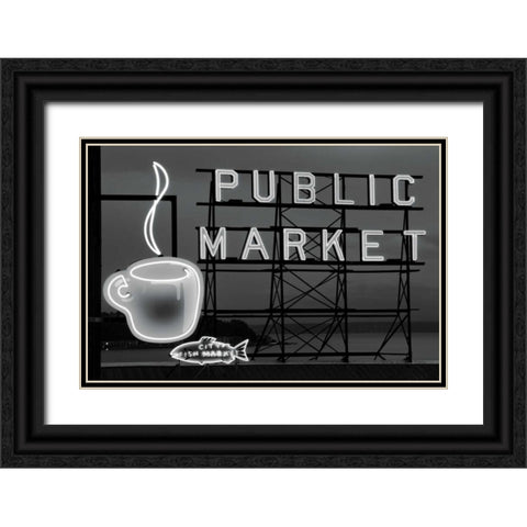 BW Public Market Sign I Black Ornate Wood Framed Art Print with Double Matting by Stefko, Bob