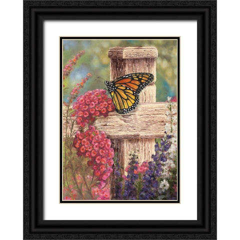 Butterfly and Fence Cross Black Ornate Wood Framed Art Print with Double Matting by Art Licensing Studio