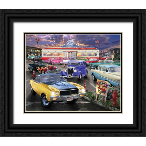 Diner Car Show Black Ornate Wood Framed Art Print with Double Matting by Bigelow Illustrations- Exclusive