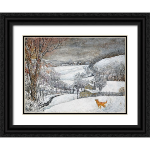 Daisyâ€™s First Snow Black Ornate Wood Framed Art Print with Double Matting by Bell, Bill