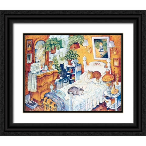 Bedroom Cats Black Ornate Wood Framed Art Print with Double Matting by Bell, Bill