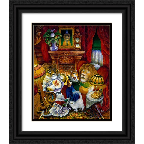 Lion Reading A Book Black Ornate Wood Framed Art Print with Double Matting by Bell, Bill