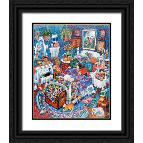 Blue Bedroom Cats Black Ornate Wood Framed Art Print with Double Matting by Bell, Bill