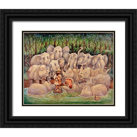 Noah - Elephants-Rhinos-Hippos Black Ornate Wood Framed Art Print with Double Matting by Bell, Bill