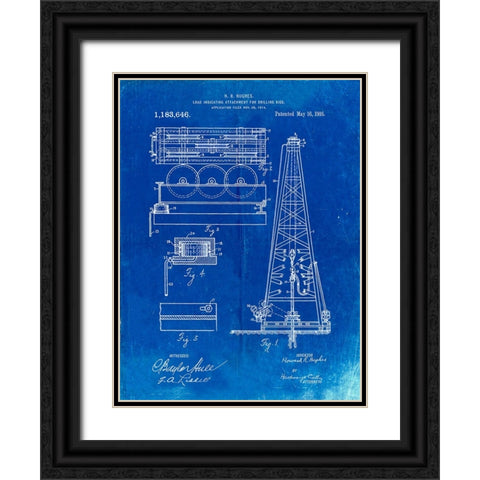 PP66-Faded Blueprint Howard Hughes Oil Drilling Rig Patent Poster Black Ornate Wood Framed Art Print with Double Matting by Borders, Cole