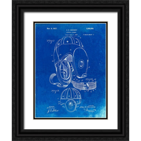 PP73-Faded Blueprint Football Leather Helmet 1927 Patent Poster Black Ornate Wood Framed Art Print with Double Matting by Borders, Cole
