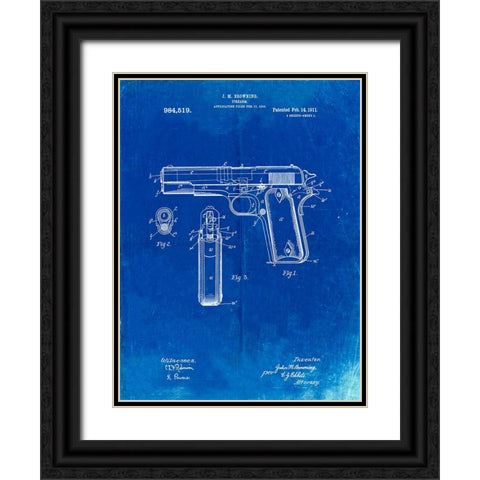 PP76-Faded Blueprint Colt 1911 Semi-Automatic Pistol Patent Poster Black Ornate Wood Framed Art Print with Double Matting by Borders, Cole