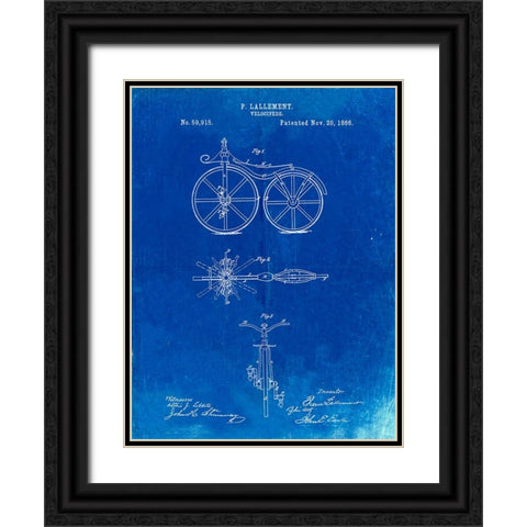 PP77-Faded Blueprint First Bicycle 1866 Patent Poster Black Ornate Wood Framed Art Print with Double Matting by Borders, Cole