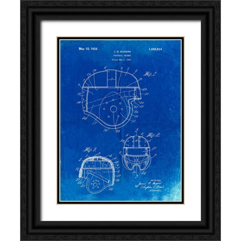 PP218-Faded Blueprint Football Helmet 1925 Patent Poster Black Ornate Wood Framed Art Print with Double Matting by Borders, Cole