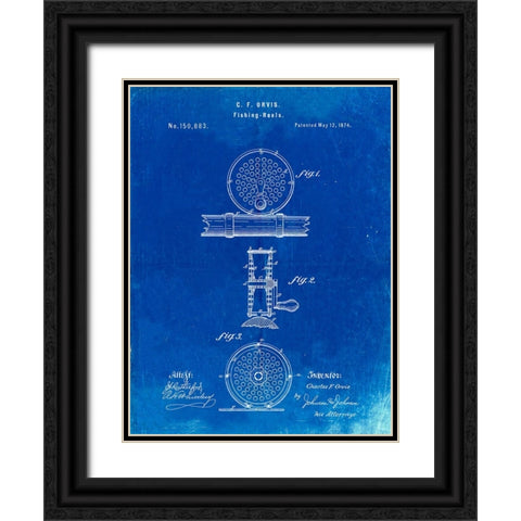 PP225-Faded Blueprint Orvis 1874 Fly Fishing Reel Patent Poster Black Ornate Wood Framed Art Print with Double Matting by Borders, Cole