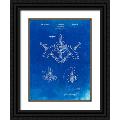 PP228-Faded Blueprint Ship Steering Wheel Patent Poster Black Ornate Wood Framed Art Print with Double Matting by Borders, Cole