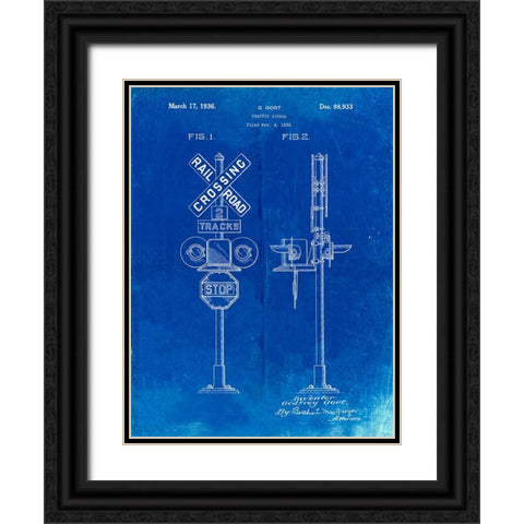 PP231-Faded Blueprint Railroad Crossing Signal Patent Poster Black Ornate Wood Framed Art Print with Double Matting by Borders, Cole