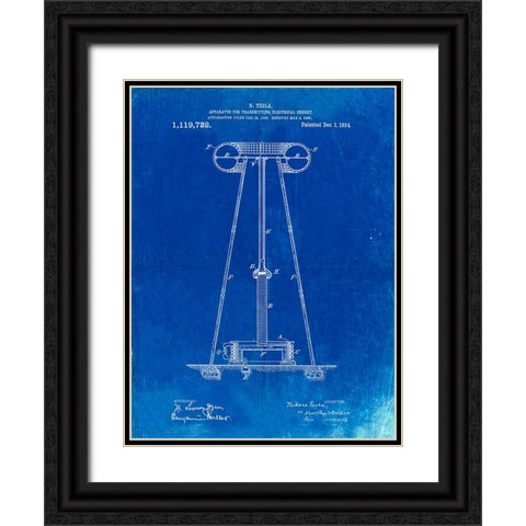 PP241-Faded Blueprint Tesla Energy Transmitter Patent Poster Black Ornate Wood Framed Art Print with Double Matting by Borders, Cole