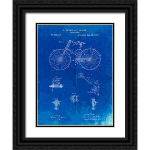 PP248-Faded Blueprint Bicycle 1890 Patent Poster Black Ornate Wood Framed Art Print with Double Matting by Borders, Cole