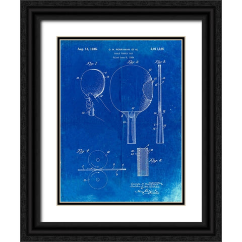 PP250-Faded Blueprint Ping Pong Paddle Patent Poster Black Ornate Wood Framed Art Print with Double Matting by Borders, Cole