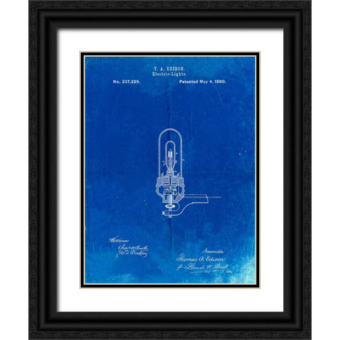 PP296-Faded Blueprint Edison Light Bulb Poster Black Ornate Wood Framed Art Print with Double Matting by Borders, Cole