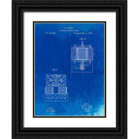 PP532-Faded Blueprint Tesla Electro Magnetic Motor Poster Black Ornate Wood Framed Art Print with Double Matting by Borders, Cole
