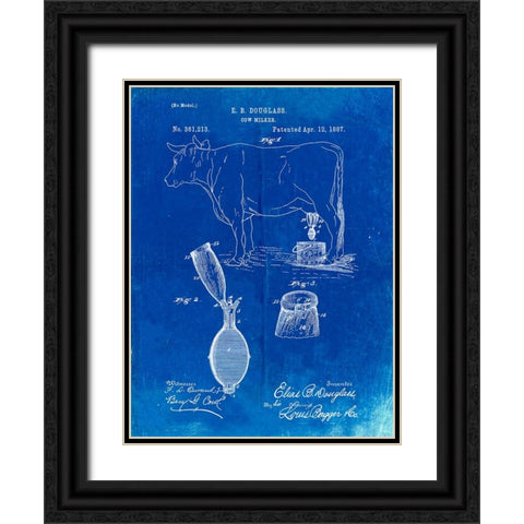PP639-Faded Blueprint Cow Milker 1887 Patent Poster Black Ornate Wood Framed Art Print with Double Matting by Borders, Cole