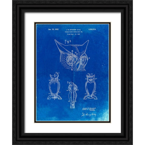 PP647-Faded Blueprint Owl Bird of Prey Patent Poster Black Ornate Wood Framed Art Print with Double Matting by Borders, Cole