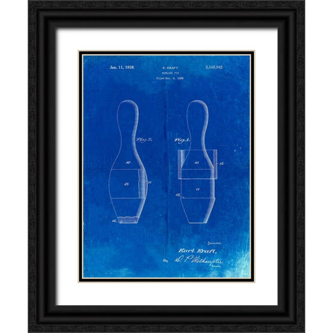 PP653-Faded Blueprint Bowling Pin 1938 Patent Poster Black Ornate Wood Framed Art Print with Double Matting by Borders, Cole