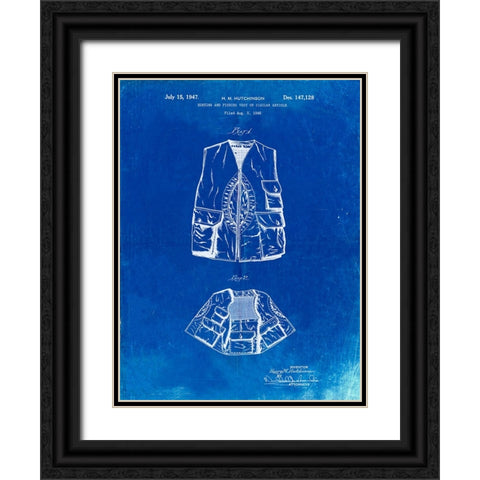 PP661-Faded Blueprint Hunting and Fishing Vest Patent Poster Black Ornate Wood Framed Art Print with Double Matting by Borders, Cole