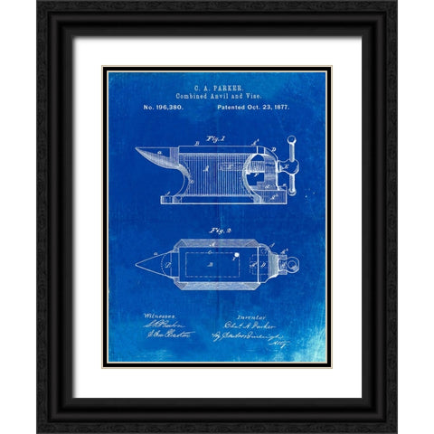 PP741-Faded Blueprint Blacksmith Anvil Patent Poster Black Ornate Wood Framed Art Print with Double Matting by Borders, Cole