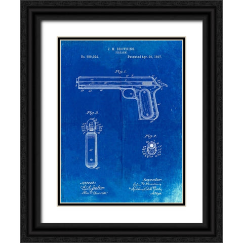 PP770-Faded Blueprint Colt Automatic Pistol of 1900 Patent Poster Black Ornate Wood Framed Art Print with Double Matting by Borders, Cole