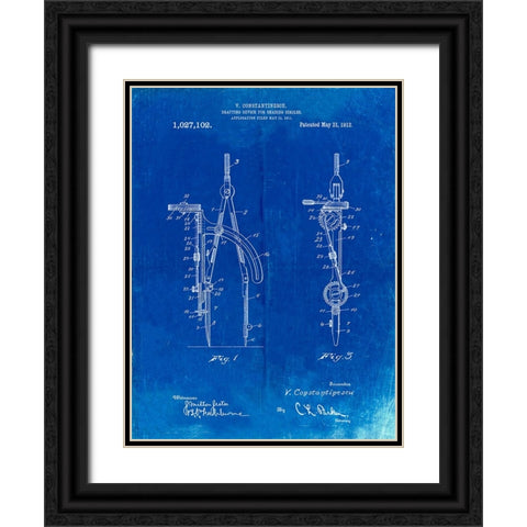 PP785-Faded Blueprint Drafting Compass 1912 Patent Poster Black Ornate Wood Framed Art Print with Double Matting by Borders, Cole