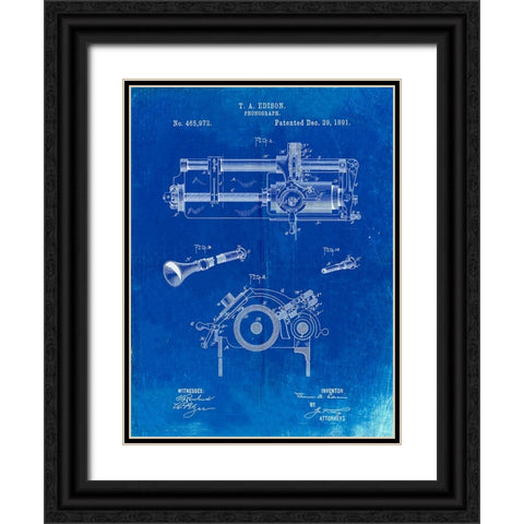 PP798-Faded Blueprint Edison Phonograph Patent Poster Black Ornate Wood Framed Art Print with Double Matting by Borders, Cole