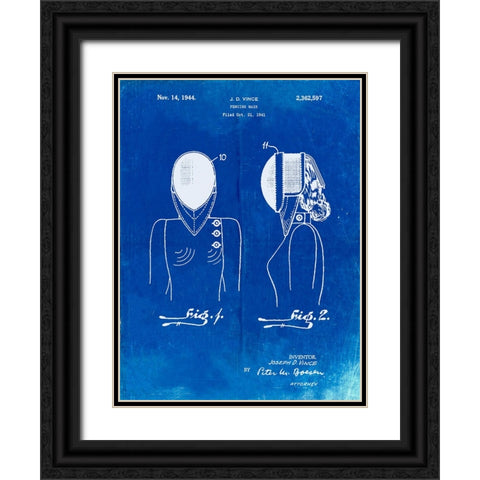 PP805-Faded Blueprint Fencing Mask Patent Poster Black Ornate Wood Framed Art Print with Double Matting by Borders, Cole
