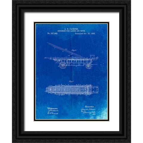 PP808-Faded Blueprint Fire Extension Ladder 1894 Patent Poster Black Ornate Wood Framed Art Print with Double Matting by Borders, Cole