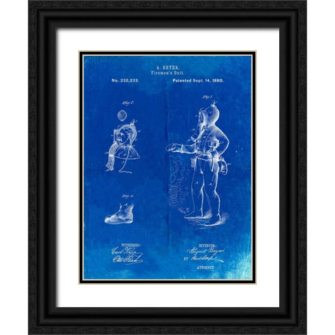 PP811-Faded Blueprint Firefighter Suit 1880 Patent Poster Black Ornate Wood Framed Art Print with Double Matting by Borders, Cole
