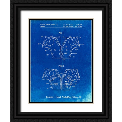 PP829-Faded Blueprint Football Shoulder Pads Patent Black Ornate Wood Framed Art Print with Double Matting by Borders, Cole