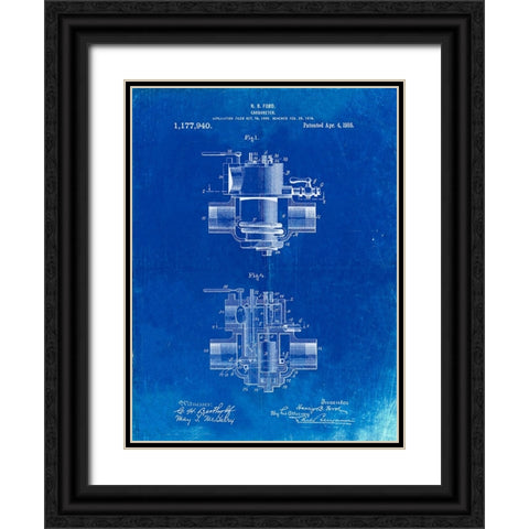 PP835-Faded Blueprint Ford Carburetor 1916 Patent Poster Black Ornate Wood Framed Art Print with Double Matting by Borders, Cole