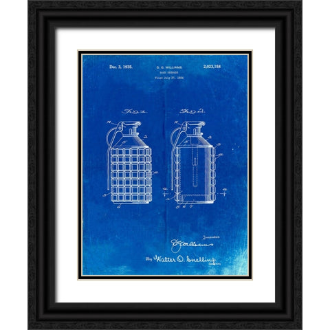 PP867-Faded Blueprint Hand Grenade Patent Poster Black Ornate Wood Framed Art Print with Double Matting by Borders, Cole