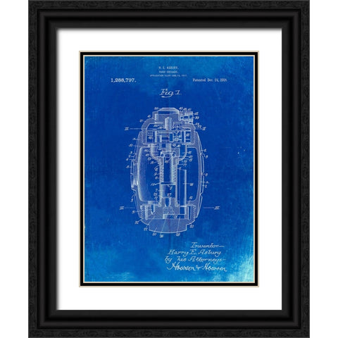PP868-Faded Blueprint Hand Grenade World War 1 Patent Poster Black Ornate Wood Framed Art Print with Double Matting by Borders, Cole