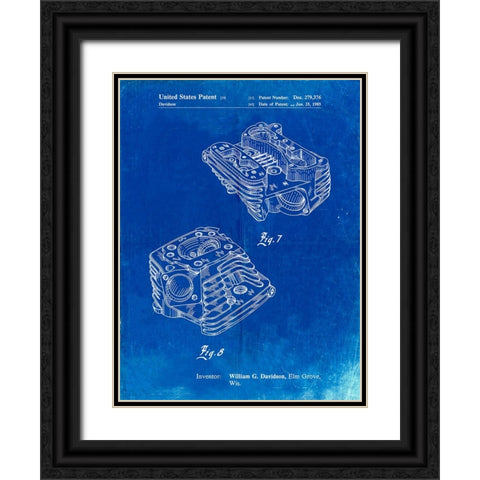 PP870-Faded Blueprint Harley Davidson Engine Head Patent Poster Black Ornate Wood Framed Art Print with Double Matting by Borders, Cole