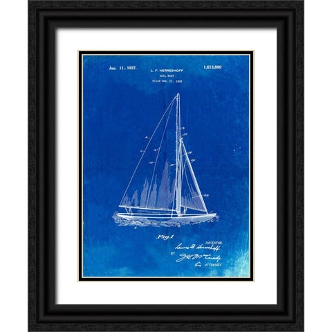 PP878-Faded Blueprint Herreshoff R 40 Gamecock Racing Sailboat Patent Poster Black Ornate Wood Framed Art Print with Double Matting by Borders, Cole