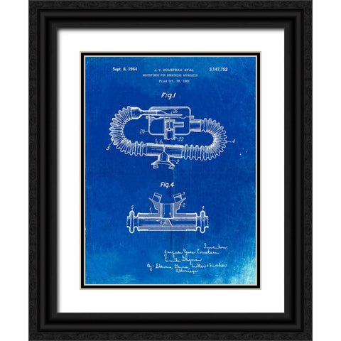 PP896-Faded Blueprint Jacques Cousteau Diving Mouthpiece Patent Poster Black Ornate Wood Framed Art Print with Double Matting by Borders, Cole