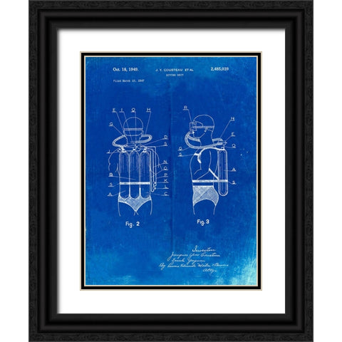 PP897-Faded Blueprint Jacques Cousteau Diving Suit Patent Poster Black Ornate Wood Framed Art Print with Double Matting by Borders, Cole