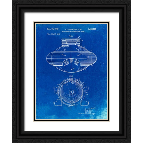 PP898-Faded Blueprint Jacques Cousteau Submersible Vessel Patent Poster Black Ornate Wood Framed Art Print with Double Matting by Borders, Cole