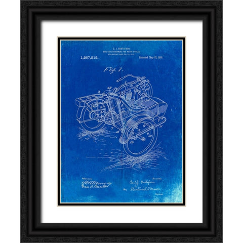PP963-Faded Blueprint Motorcycle Sidecar 1918 Patent Poster Black Ornate Wood Framed Art Print with Double Matting by Borders, Cole