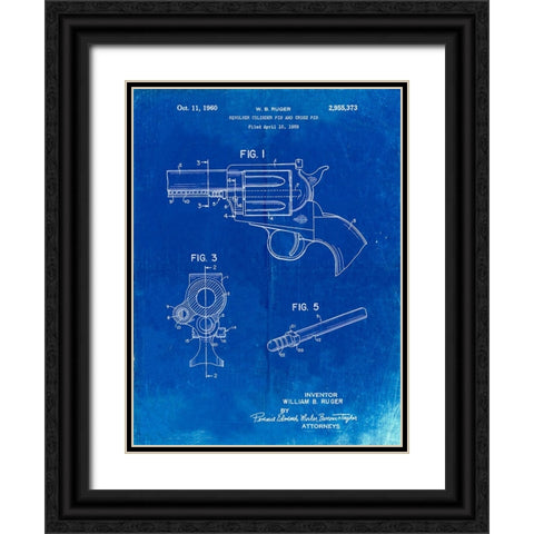 PP1023-Faded Blueprint Ruger Revolver Patent Art Black Ornate Wood Framed Art Print with Double Matting by Borders, Cole