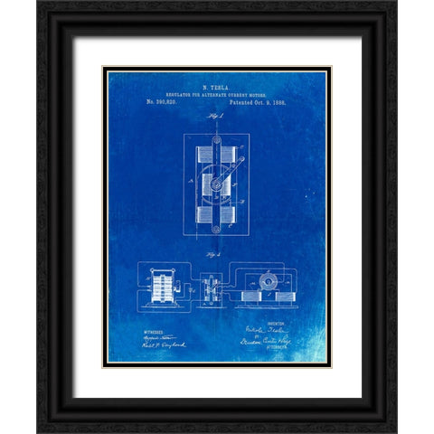 PP1095-Faded Blueprint Tesla Regulator for Alternate Current Motor Patent Poster Black Ornate Wood Framed Art Print with Double Matting by Borders, Cole