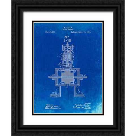 PP1096-Faded Blueprint Tesla Steam Engine Patent Poster Black Ornate Wood Framed Art Print with Double Matting by Borders, Cole