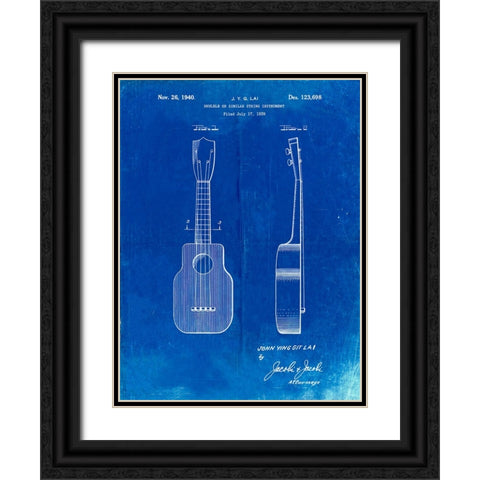 PP1117-Faded Blueprint Ukulele Patent Poster Black Ornate Wood Framed Art Print with Double Matting by Borders, Cole