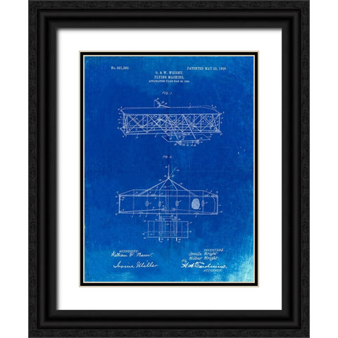 PP1139-Faded Blueprint Wright Brothers Aeroplane Patent Black Ornate Wood Framed Art Print with Double Matting by Borders, Cole